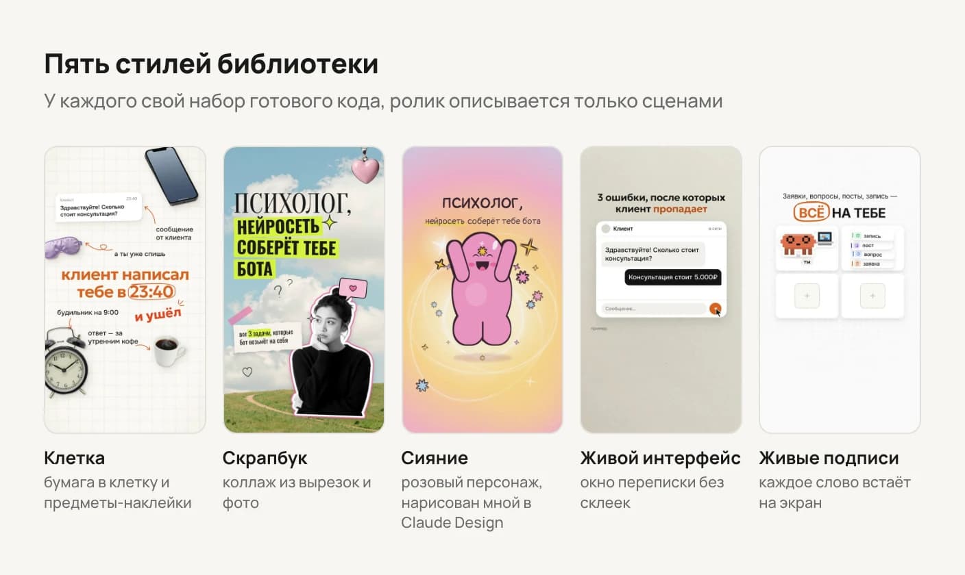Пять стилей библиотеки: Клетка, Скрапбук, Сияние, Живой интерфейс и Живые подписи