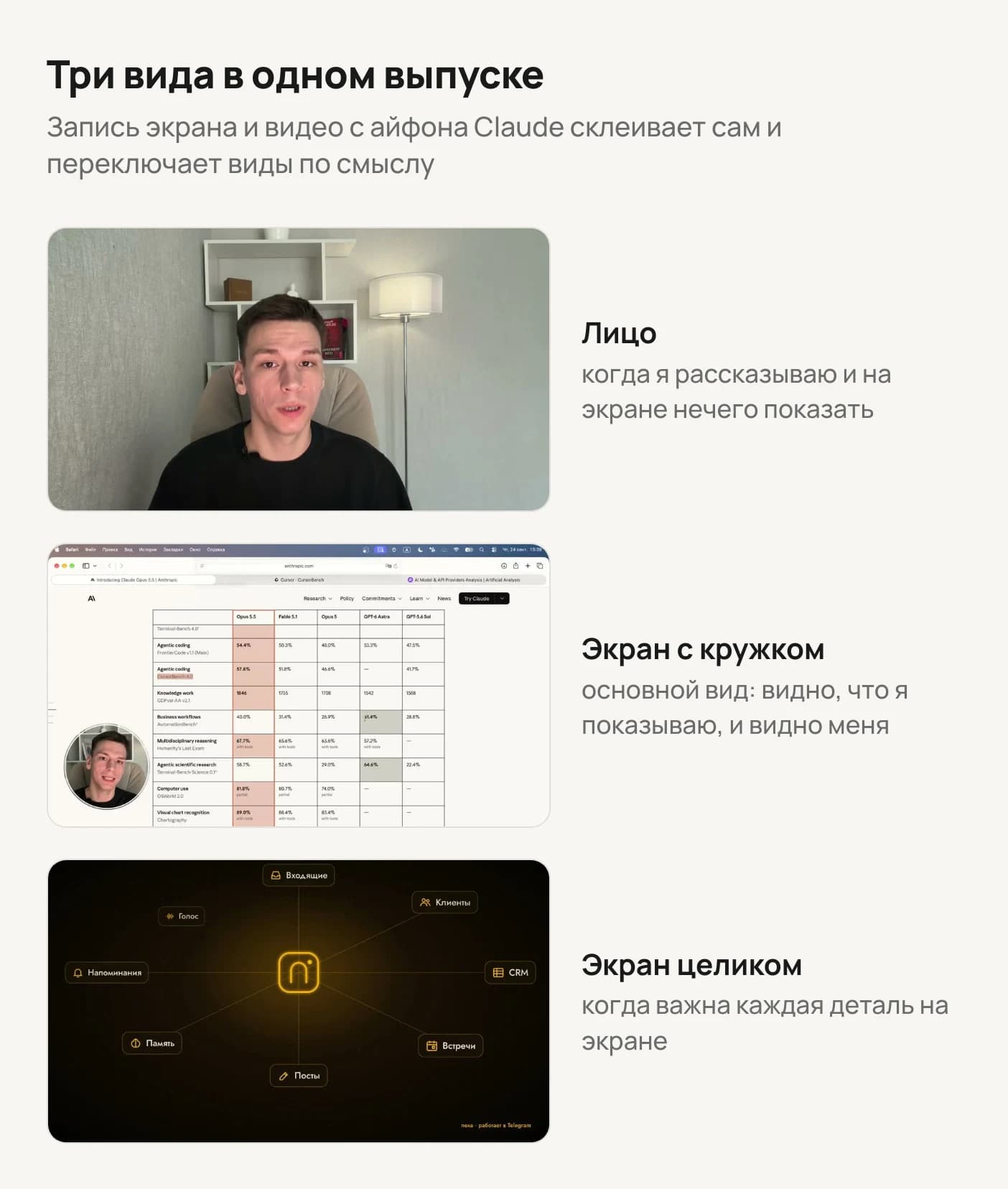 Три вида в одном выпуске: лицо, экран с кружком и экран целиком