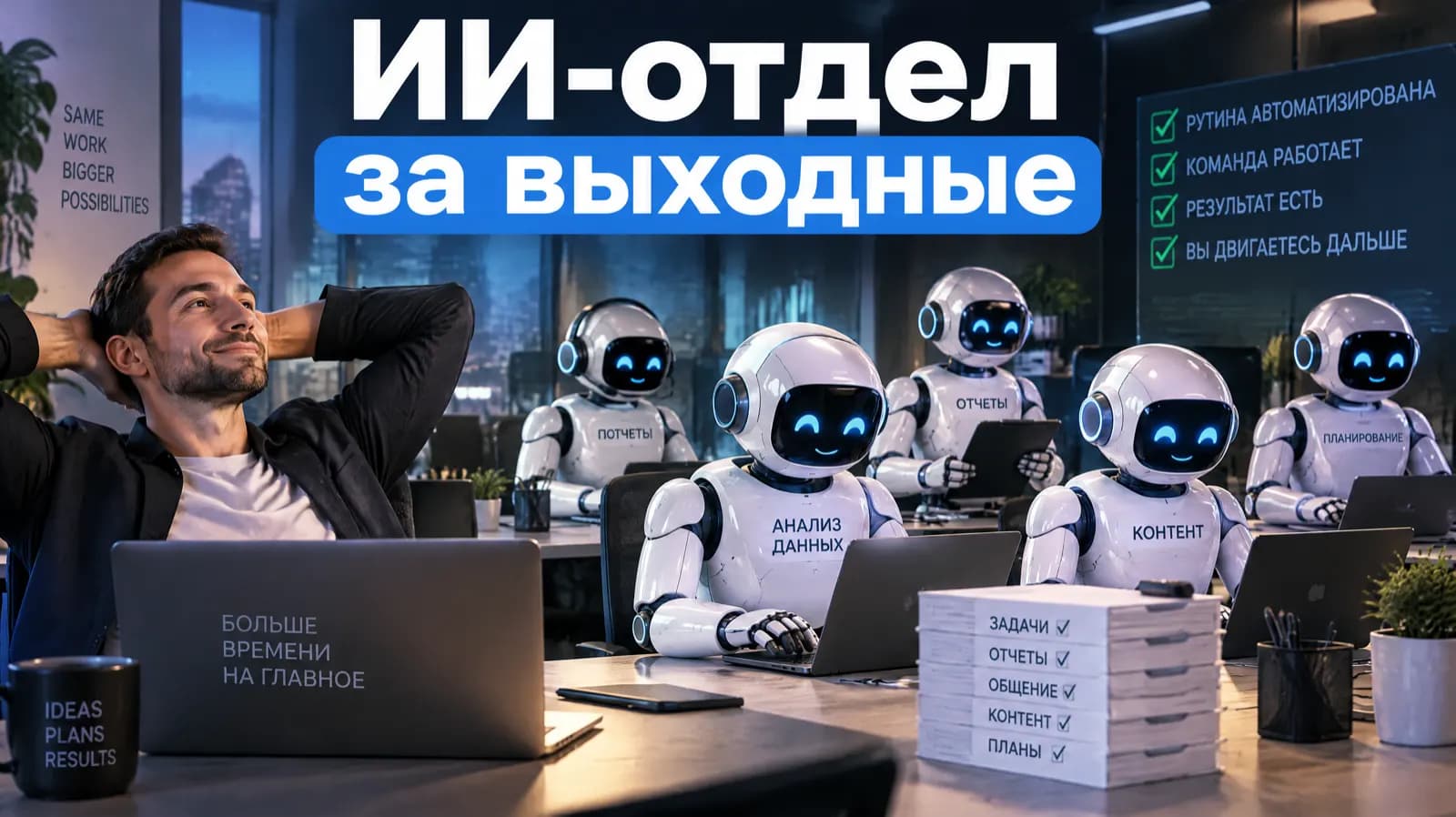 Обложка «ИИ-отдел за выходные» без паспорта вкуса: роботы за ноутбуками в тёмном неоновом офисе