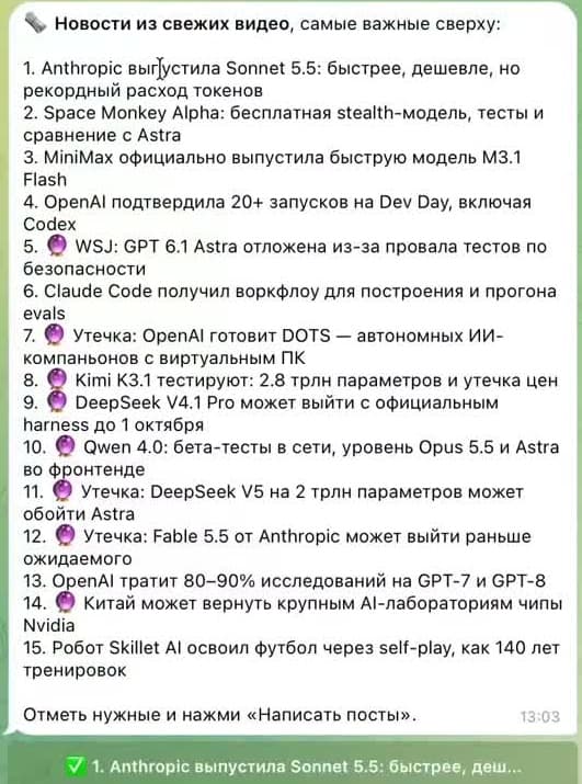 Список тем в Telegram-боте с кнопками выбора новостей